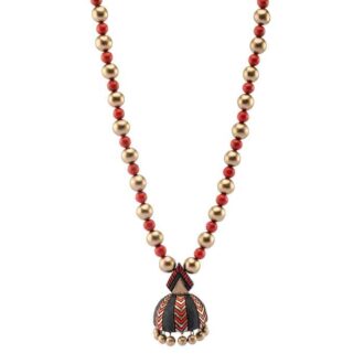 Handcrafted necklace in unique design with gold and red accents