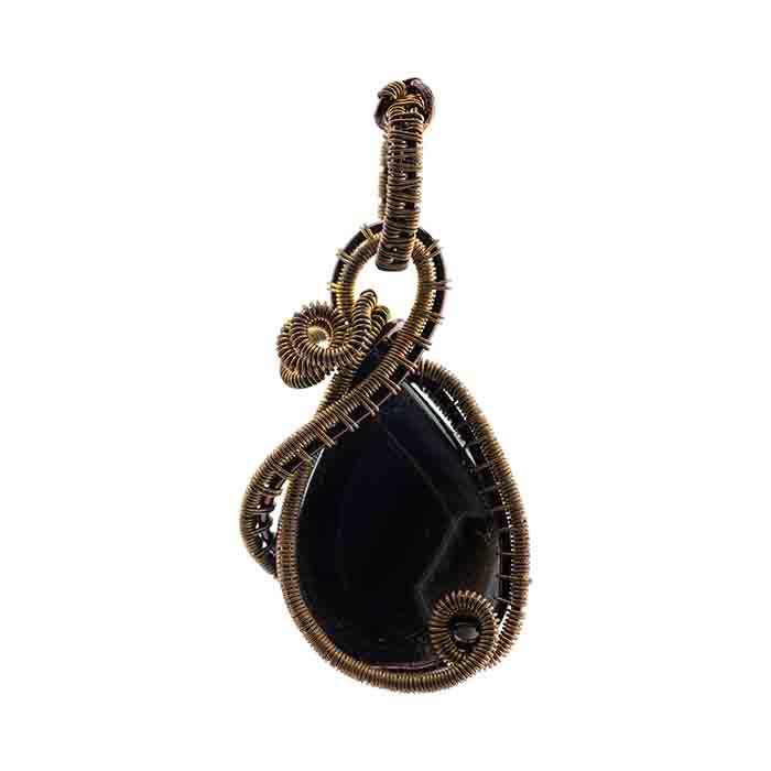 Teardrop shaped stone wirewrapped as a pendant in an intricate design
