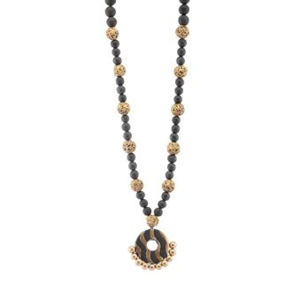 M040 Antique gold and black beads flank a round handpainted pendant
