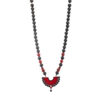 M042 Long necklace design with red and black handmade pendant and beads