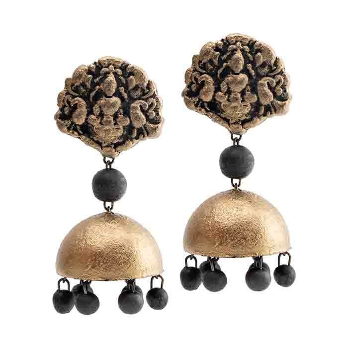 Traditional handcrafted jhumka earrings design with Goddess Laxmi studs in antique gold and black accents