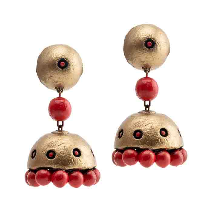 Handmade terracotta jhumka earrings in antique gold with red accents