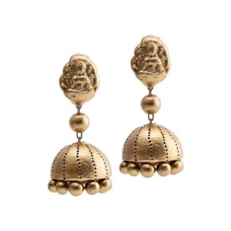 Traditional jhumka earrings with Goddess Laxmi stud in antique gold