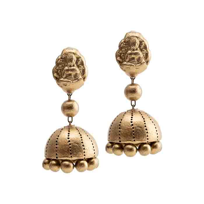 Traditional jhumka earrings with Goddess Laxmi stud in antique gold